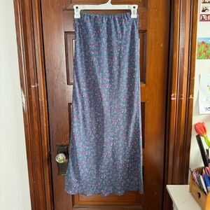 Blue and pink floral print maxi skirt with elastic waist